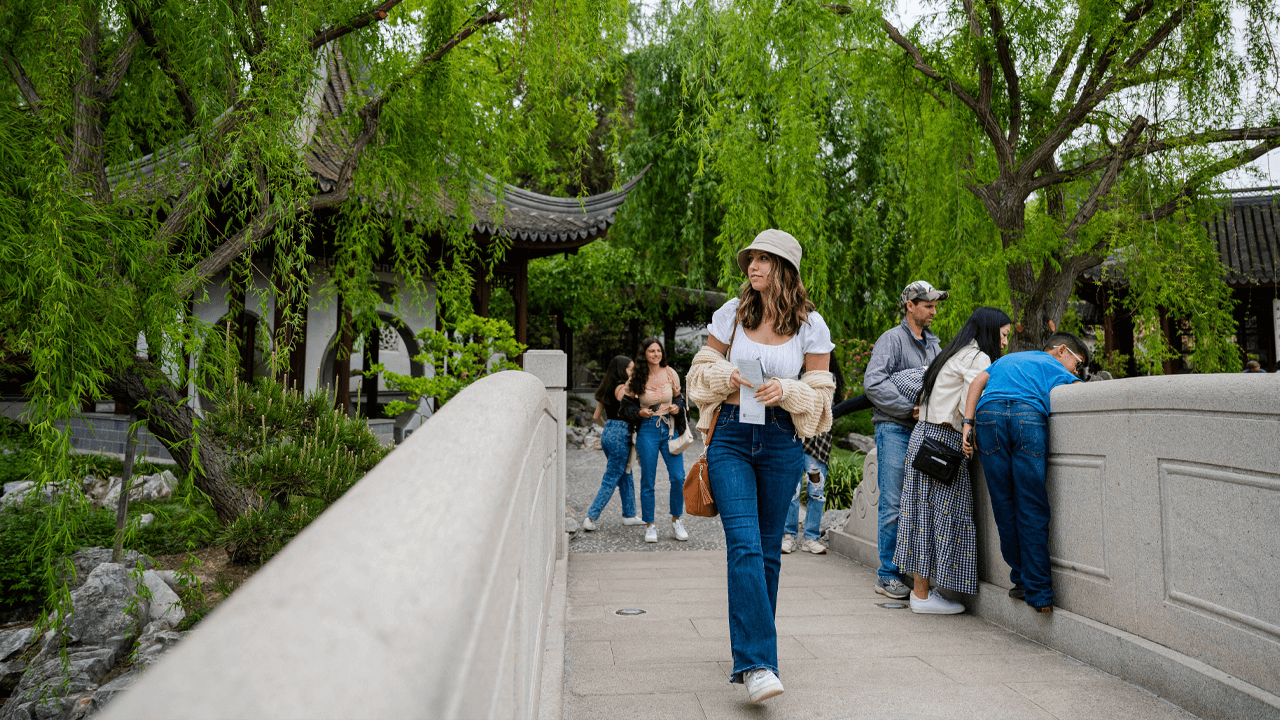 Students walk across a bridge in LA