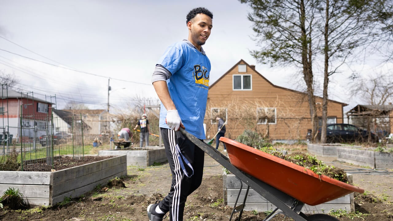 Student pushes wheelbarrow full of dirt