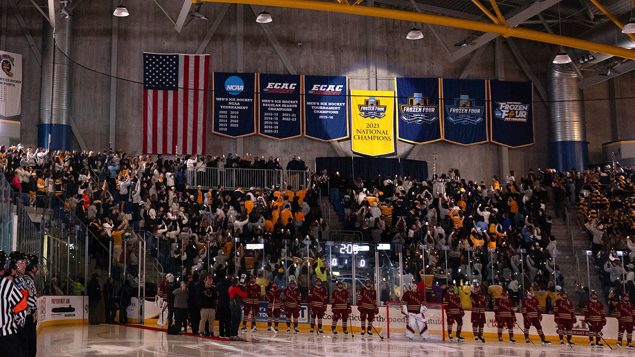 A crowd of fans wait for the raising of the championship banner