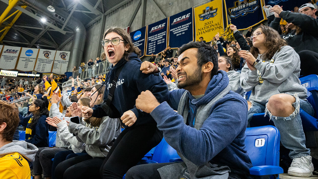 Two fans cheer and scream in excitement