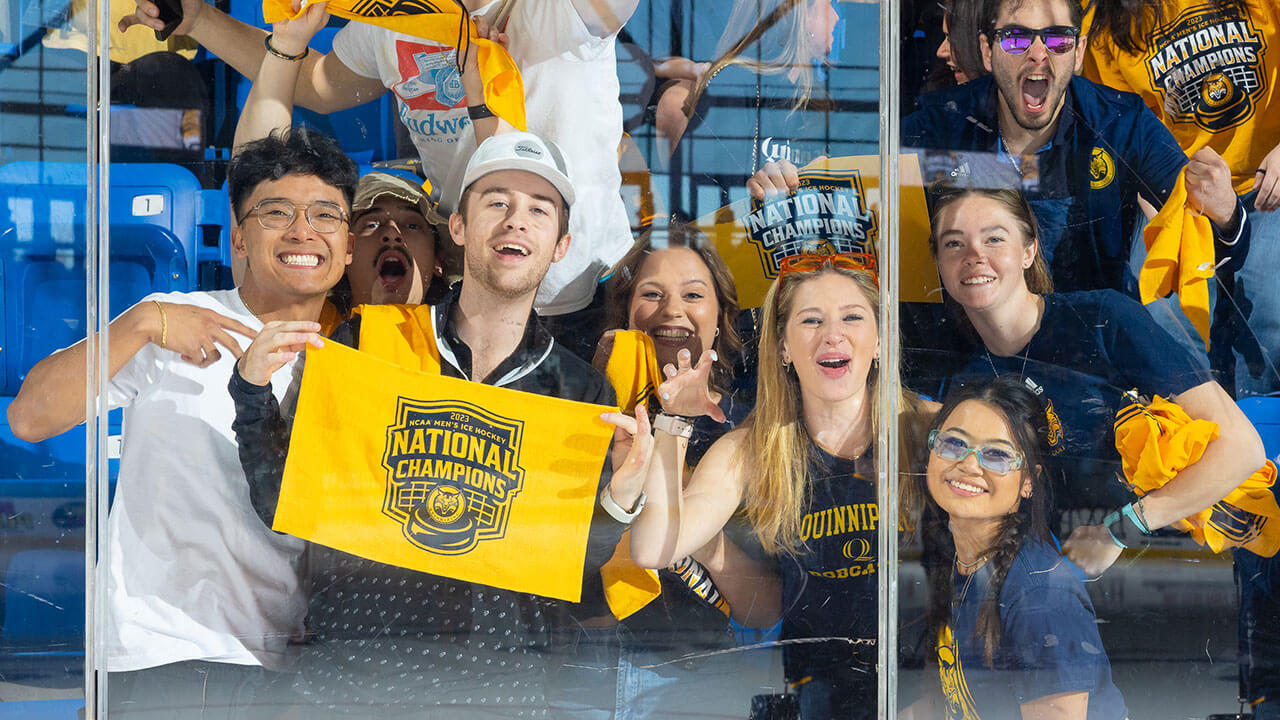 Fans cheering in support of Quinnipiac mens ice hockey team