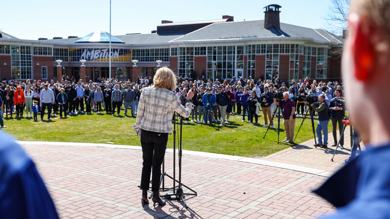 President Olian speaks to hundreds gathered on the quad