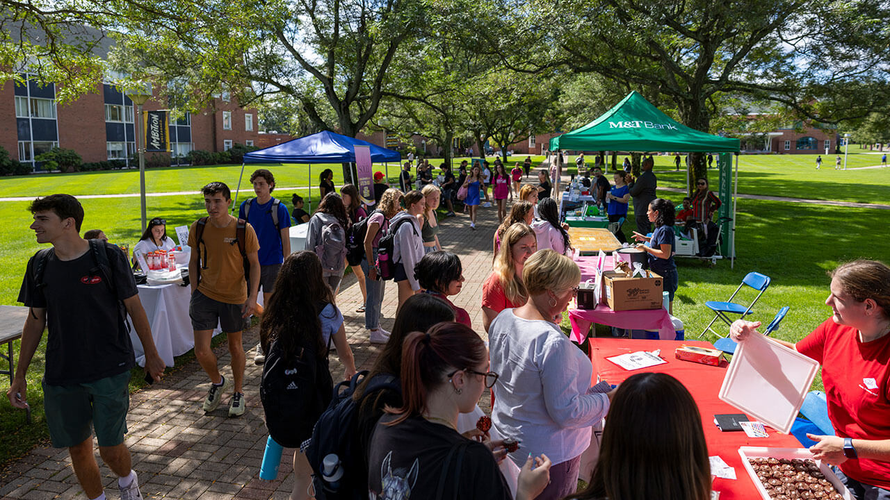 A birds-eye view of all the local business tables on the Quad