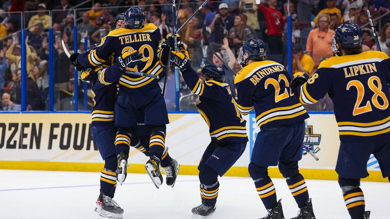 Ice hockey team running towards each other