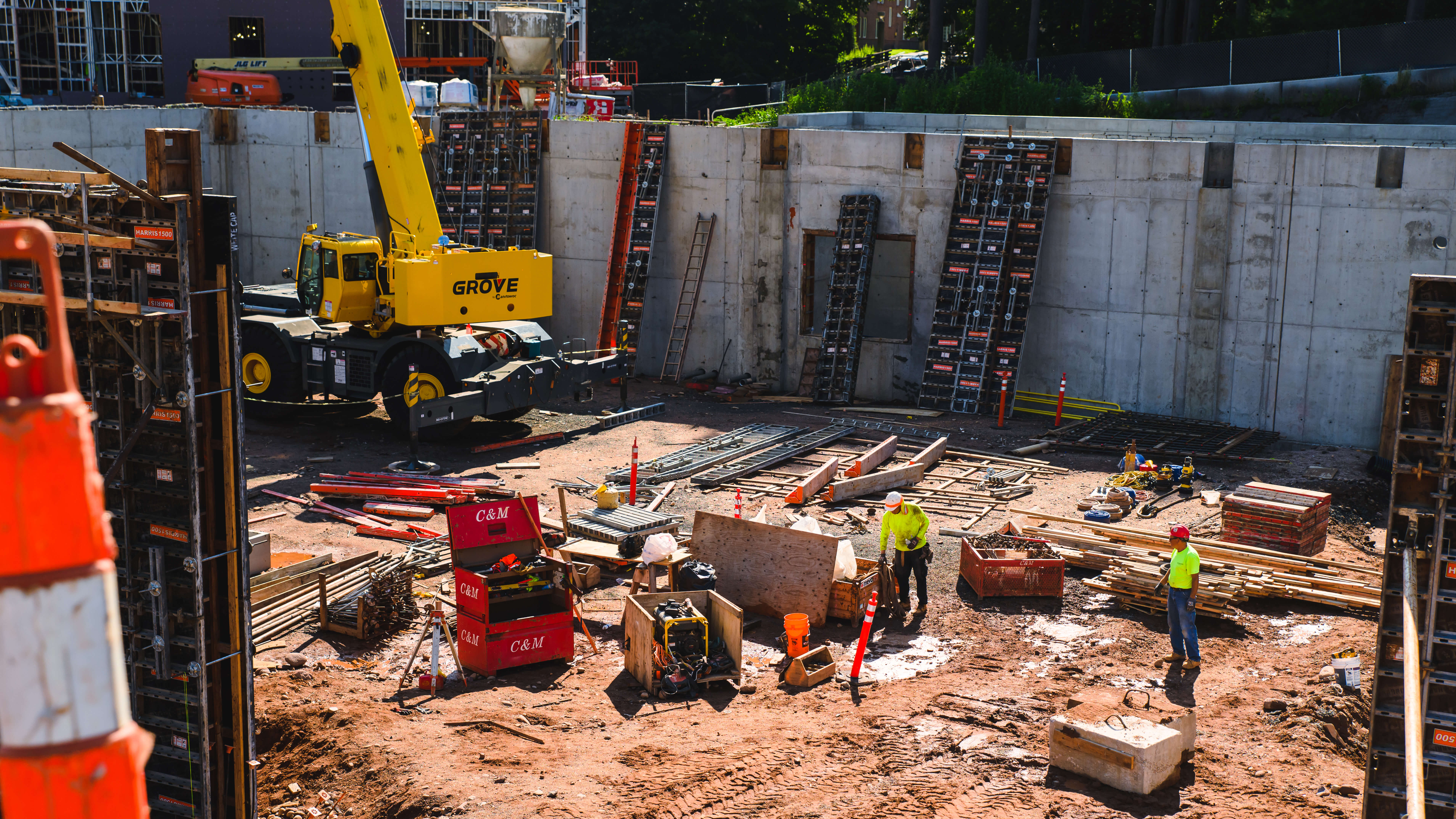 Construction machines and tools being used to build the foundations of new buildings on the Mount Carmel Campus