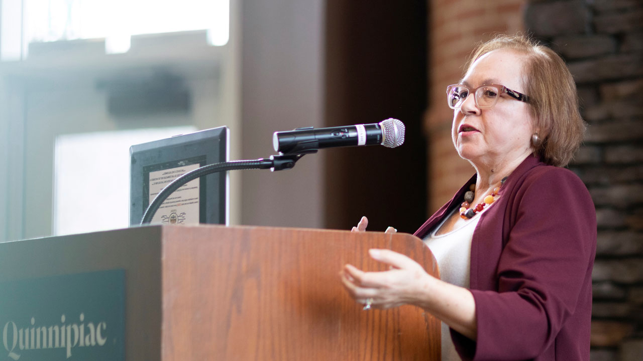 A presenter speaks at a podium during the teach in