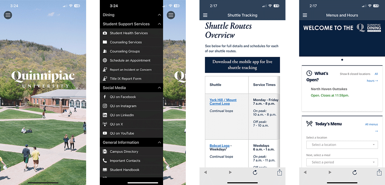 Screen captures of Quinnipiac app show home screen, menu, and example web pages in the app