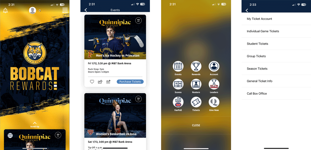 Screen captures of Bobcat Rewards app show home screen, events, menu and ticket info