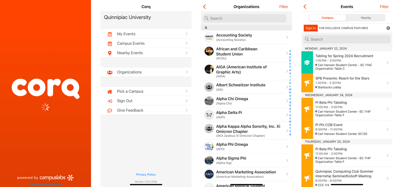 Screen captures of Corq mobile app home, menu, organizations and events screens