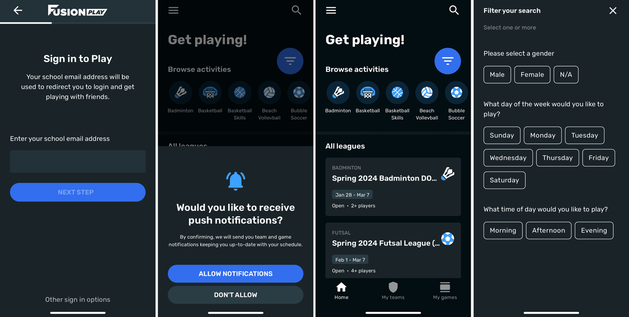 Screen captures of Fusion Play app show log in, push notifications, sports options, filtered search