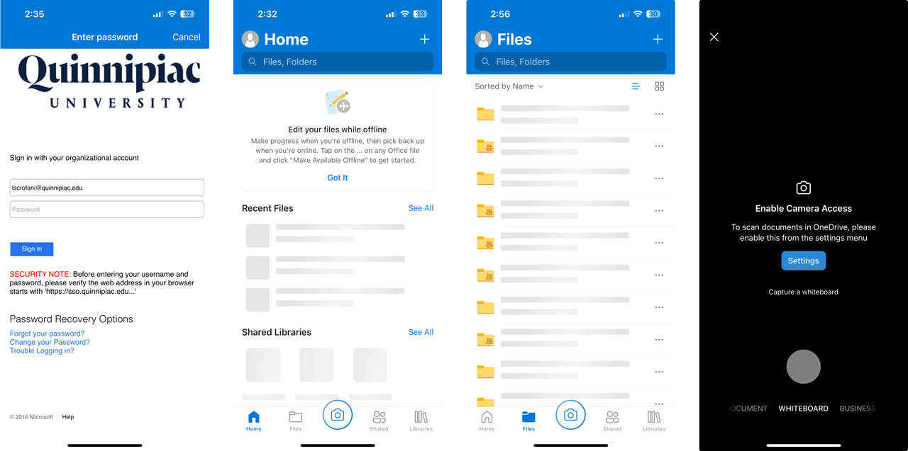 Screen captures of OneDrive app with log in, home screen, files, and scan tool