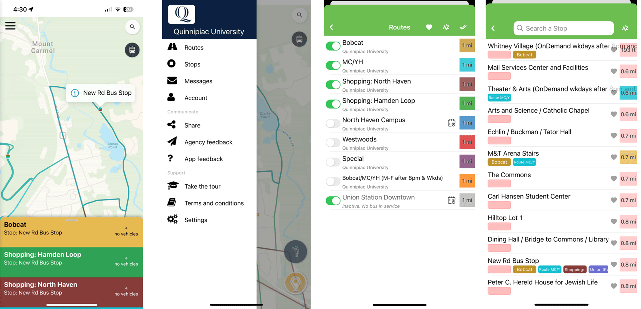 Screen capture of Passio Go shuttle app with menu, maps, routes and stops