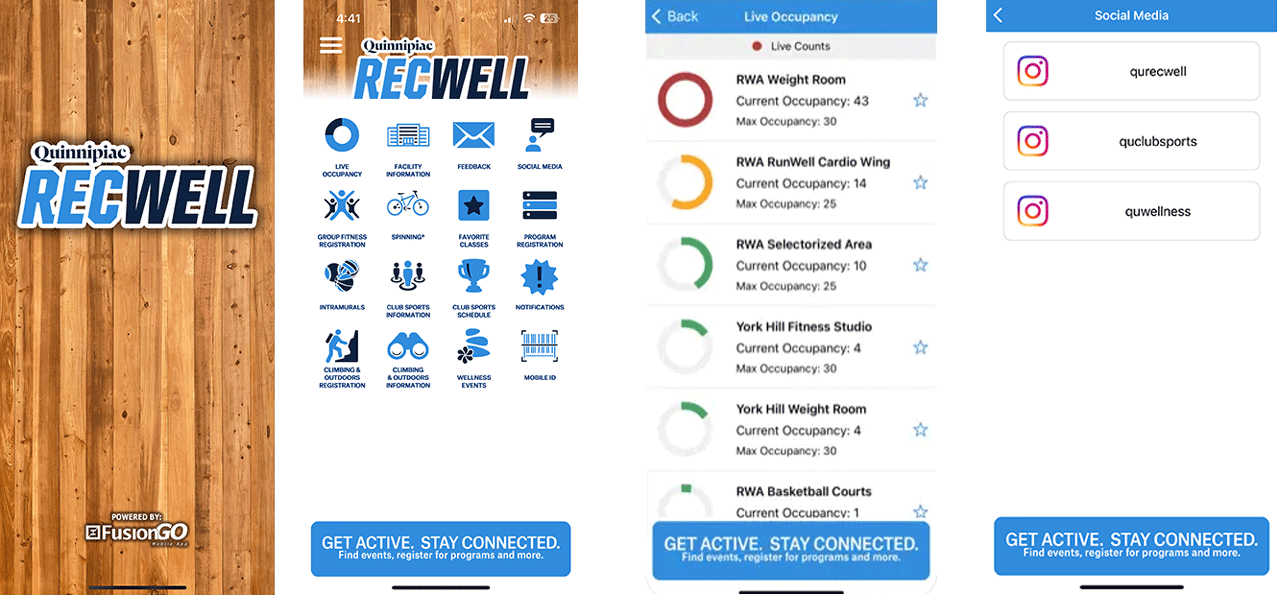 Screen captures of RecWell app home, menu, occupancy rates, social media