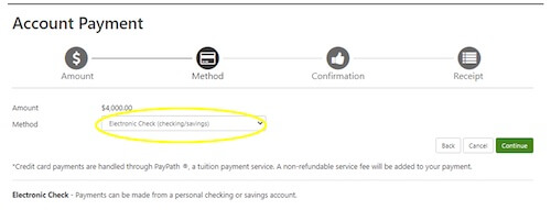 Select Electronic Check (checking/savings) and click Continue.