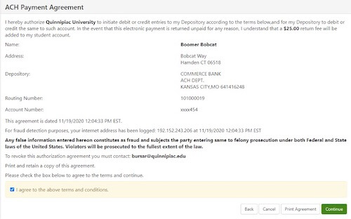 18.	Review the ACH Payment Agreement.  Click to agree to the terms and conditions.   Click Continue.