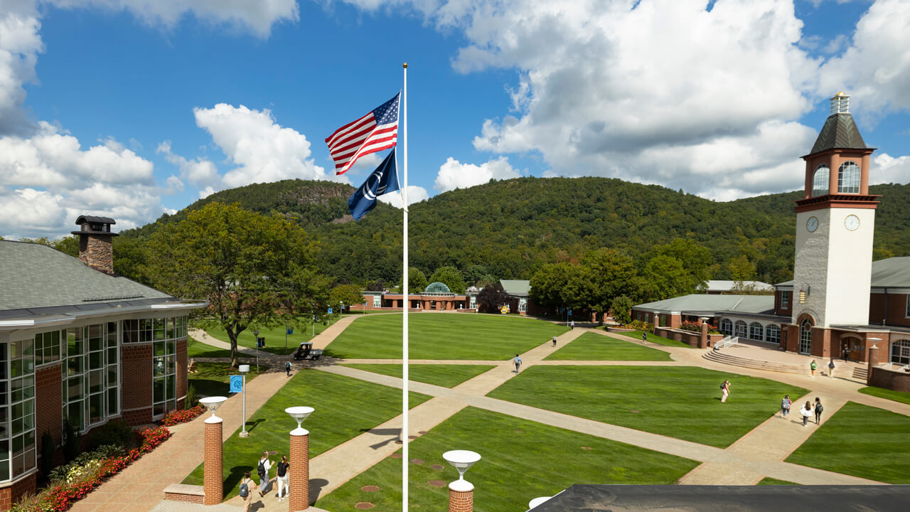 Aerial view of the Mount Carmel Campus quad on a sunny day