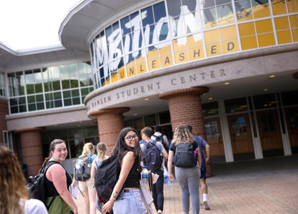 New students walk into the student center during Orientation