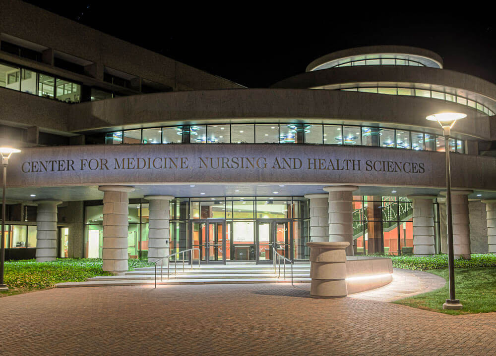 Evening light in front of the Quinnipiac Center for Medicine