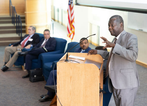 The Cuban Permanent Representative to the United Nations, His Excellency Ambassador Pedro L. Pedroso Cuesta, speaks at the mount carmel auditorium