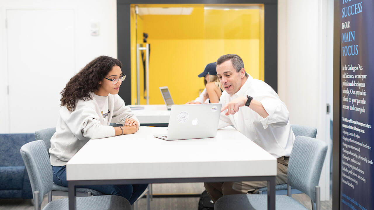 A student and career adviser work together in the Advising Commons