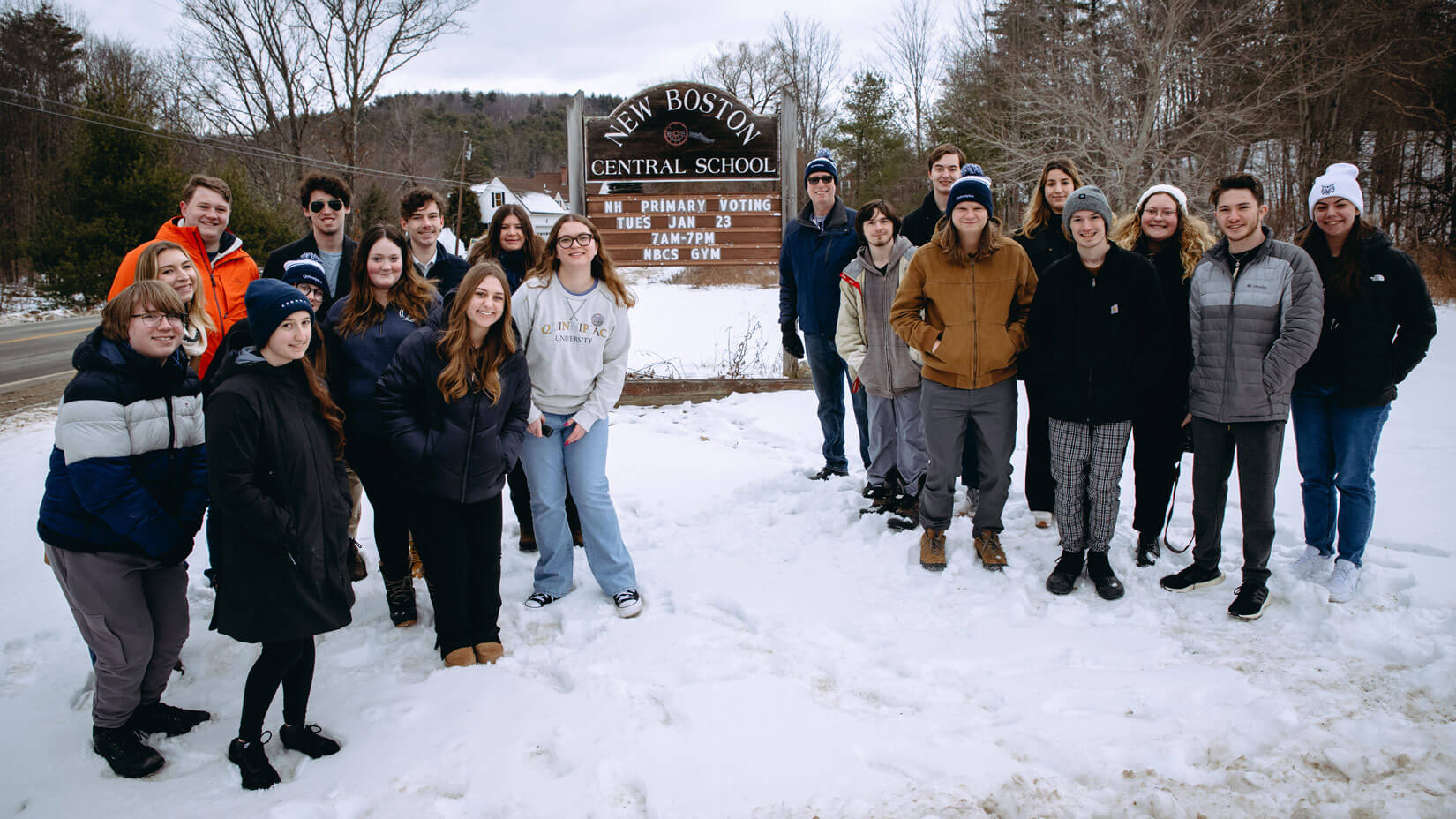 Political science students pose for a group photo outside of New Boston Central School.