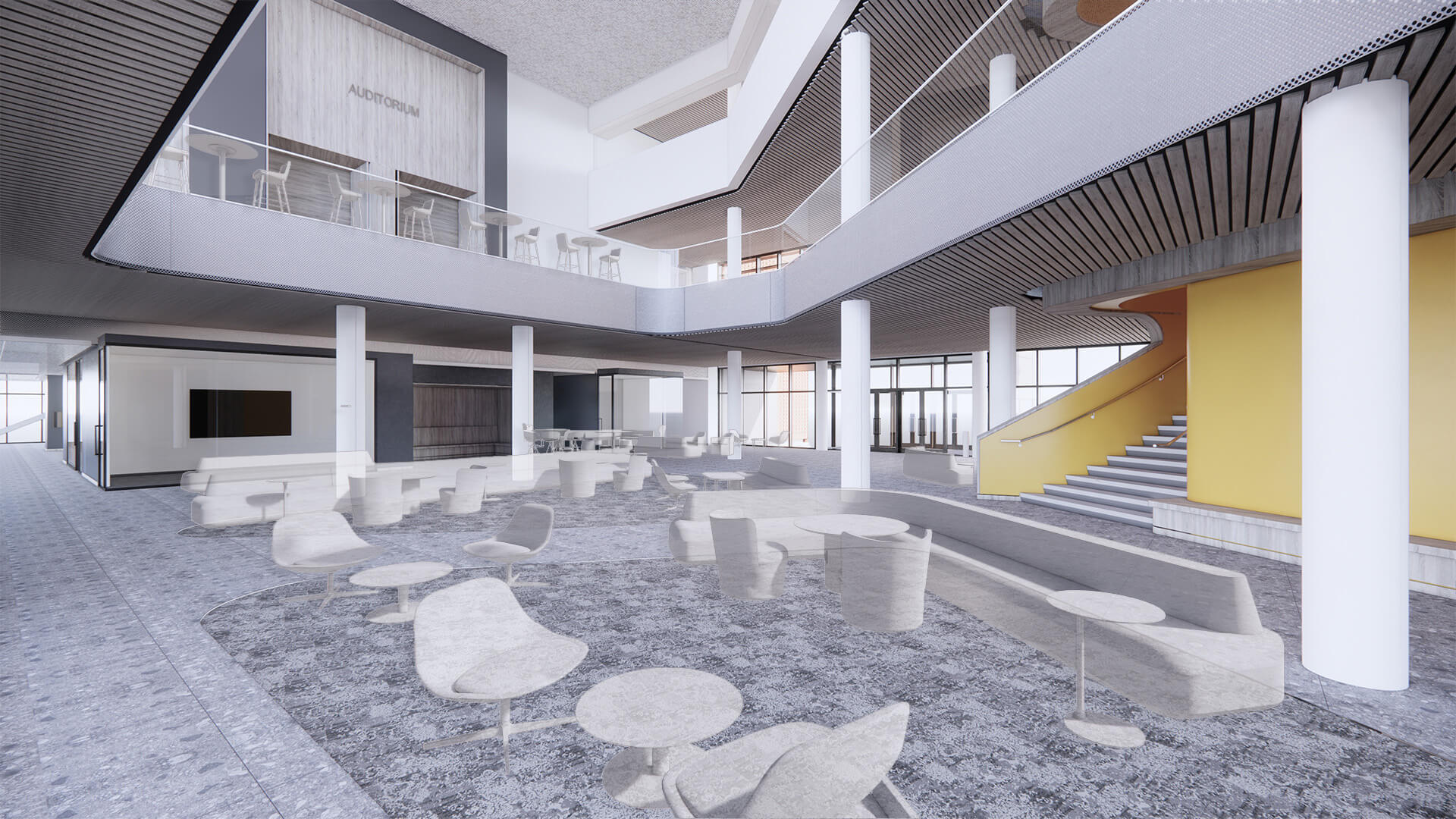 Render of the general academic building lobby.