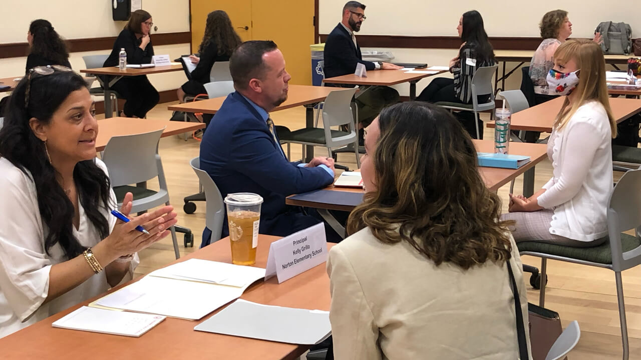 Students in the School of Education participate in a session of mock interviews with principals and superintendents from across the state of Connecticut.