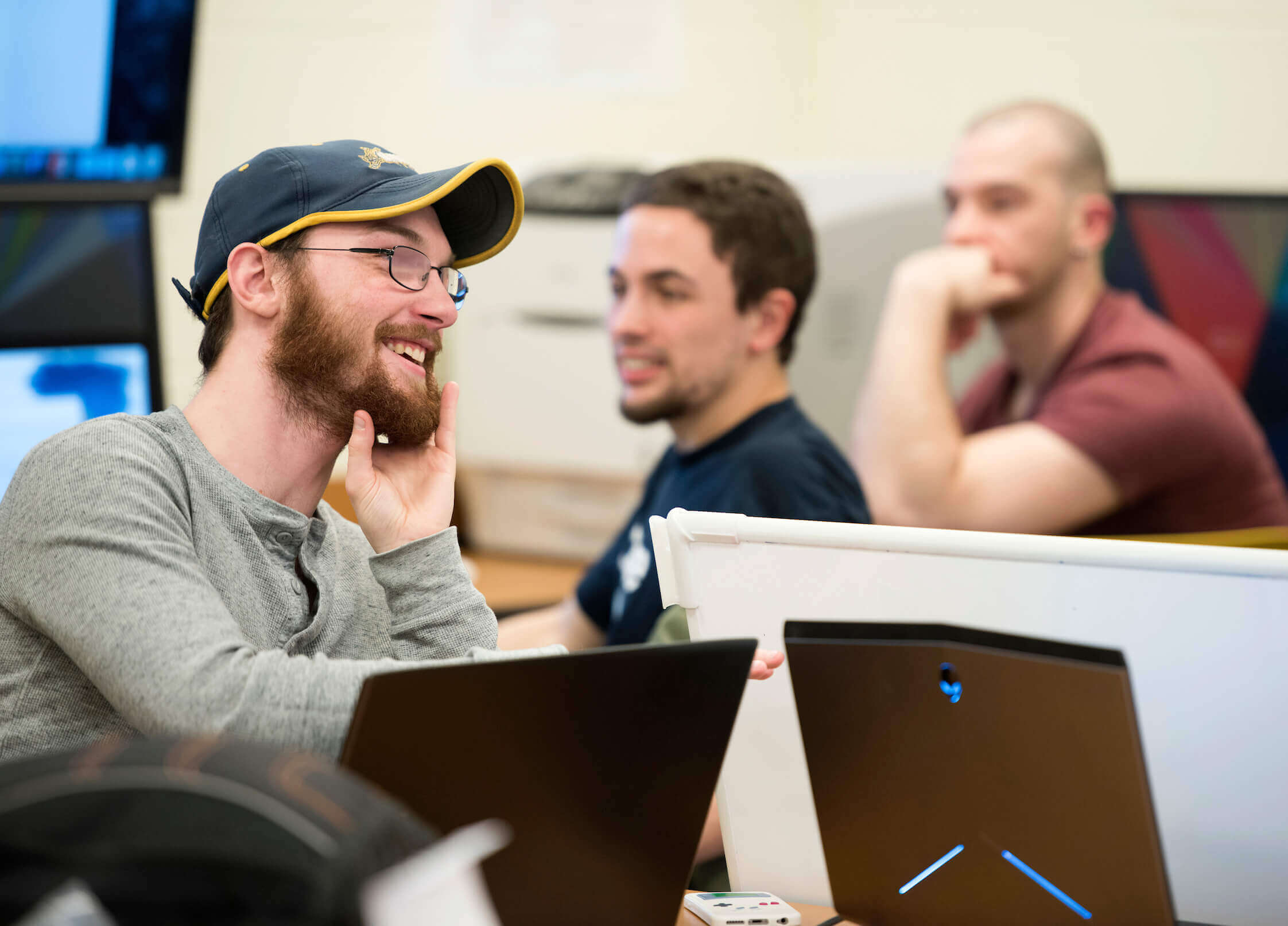 Quinnipiac student during the Global Game Jam, an annual event where game developers around the world collaborate and build games within a 48-hour time period, in Quinnipiac's Game Design and Development Lab on the Mount Carmel Campus.