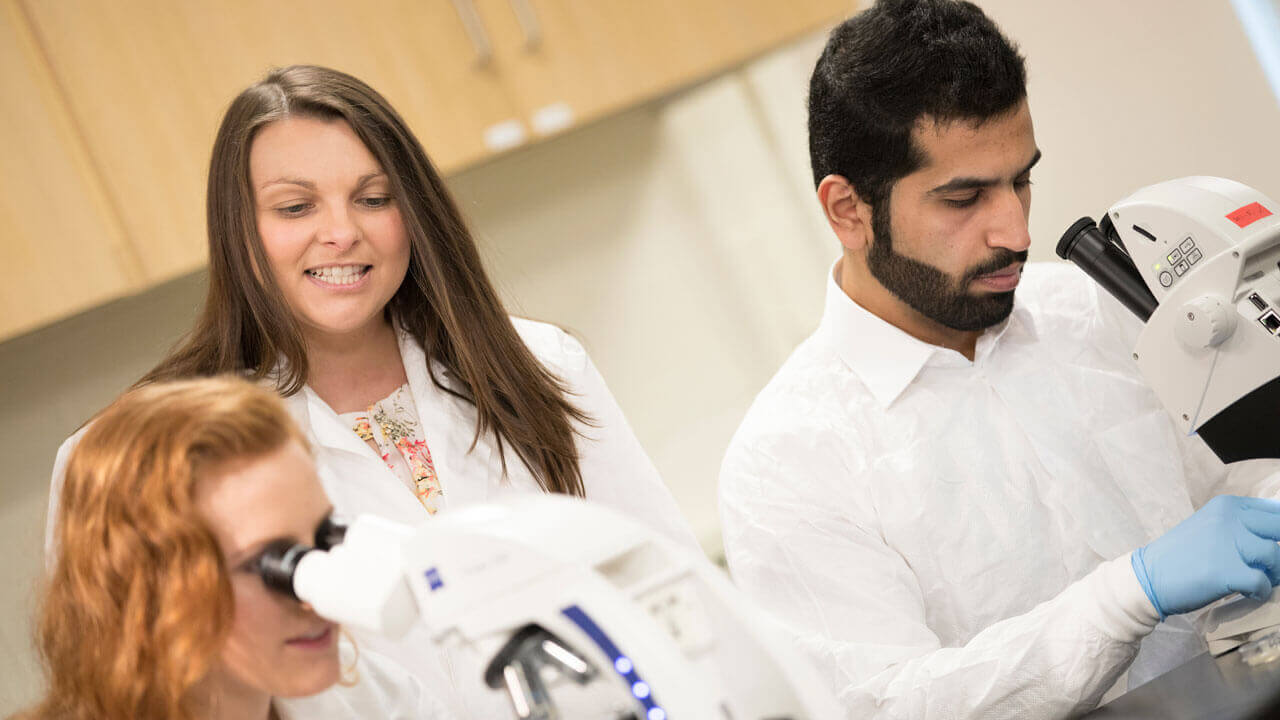 Professor and students in lab coats use microscopes