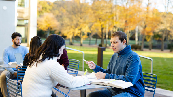 Students work on assignments together outside of the School of Law in North Haven.