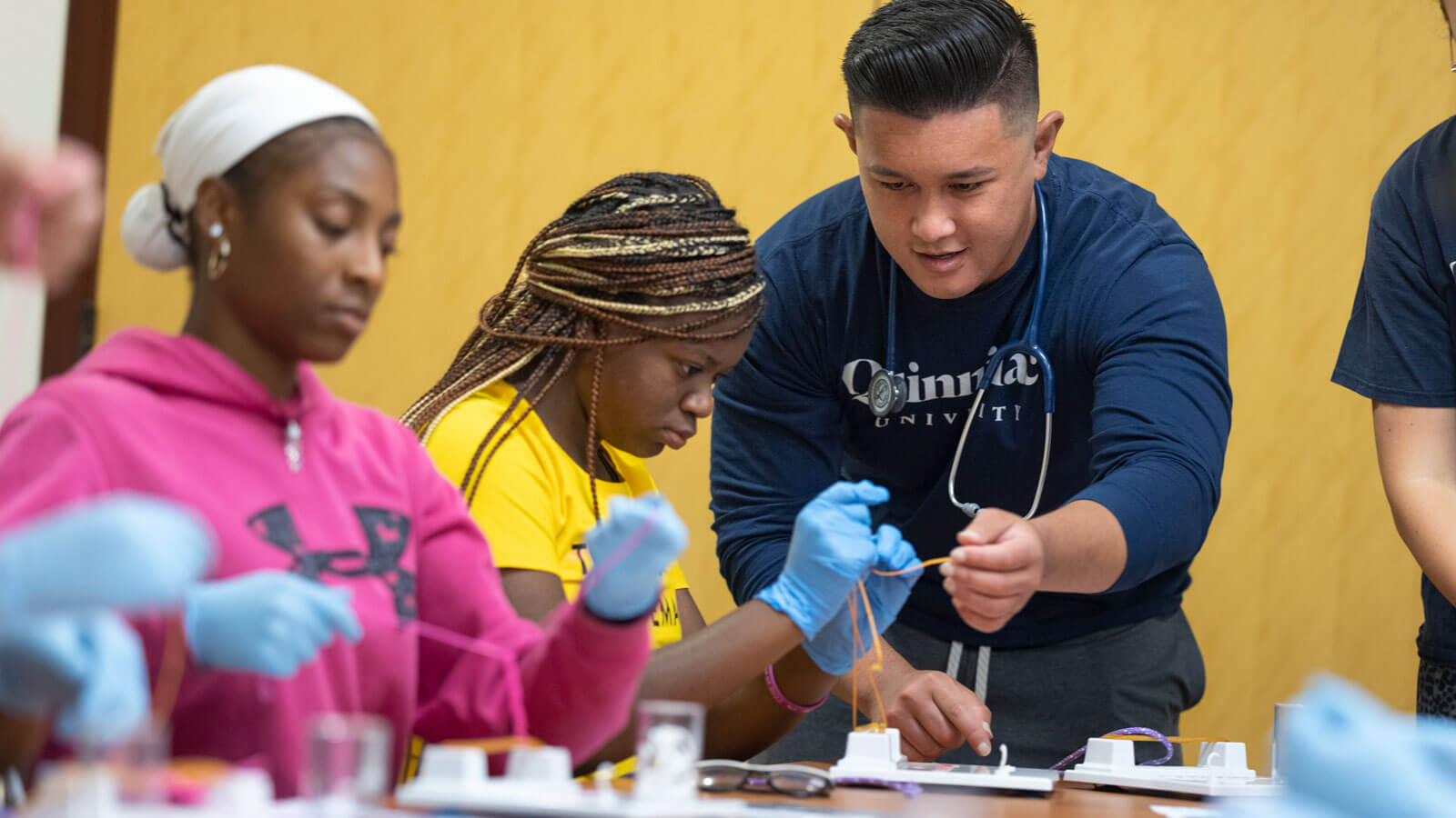 High school students work with a Quinnipiac professor and students during a health exploration camp.