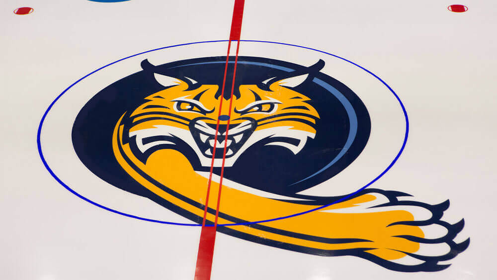 A fresh Quinnipiac Bobcat logo swipes the ice at High Point Solutions Arena in the TD Bank Sports Center on the York Hill Campus.