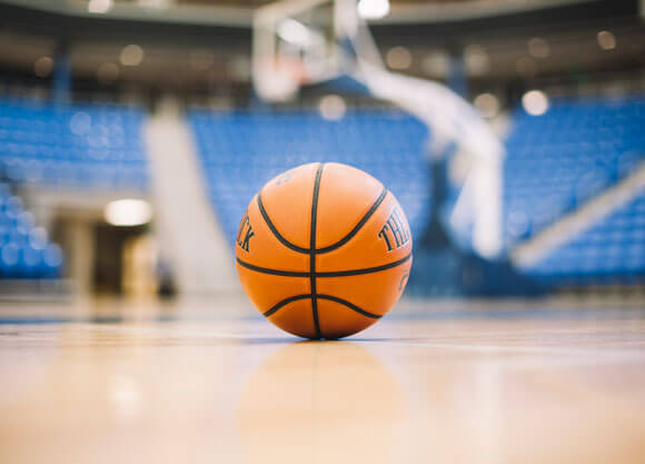 Basketball sitting in the M&T Bank Arena basketball court