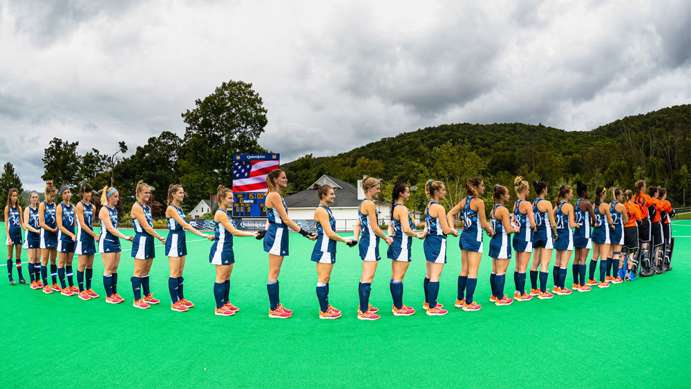 The Quinnipiac Women's Field Hockey team competes against Sacred Heart University