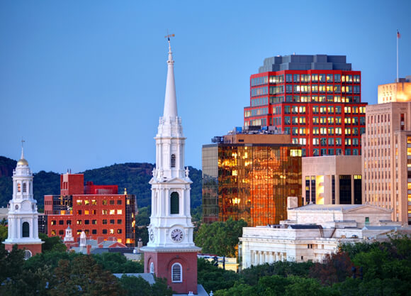 Downtown New Haven skyline right after sunset