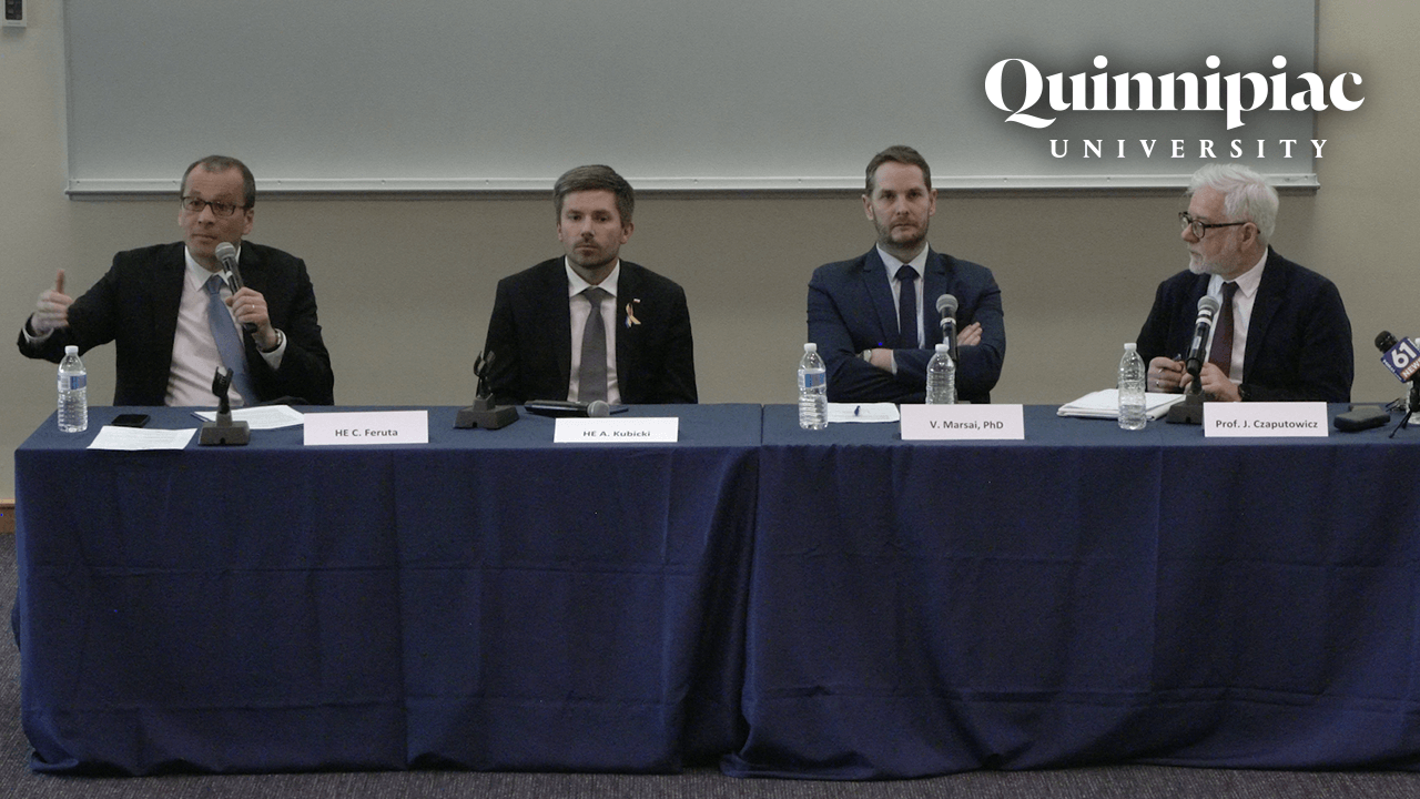 Panelists sitting and speaking into microphones