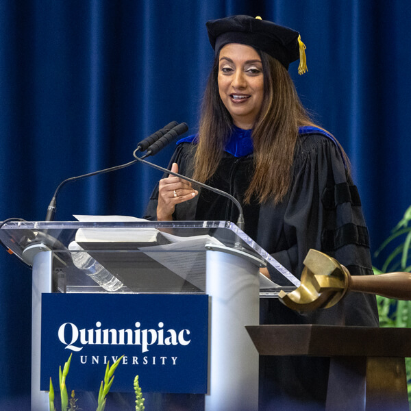 Manisha Juthani, MD, gives her keynote address during the School of Medicine Commencement